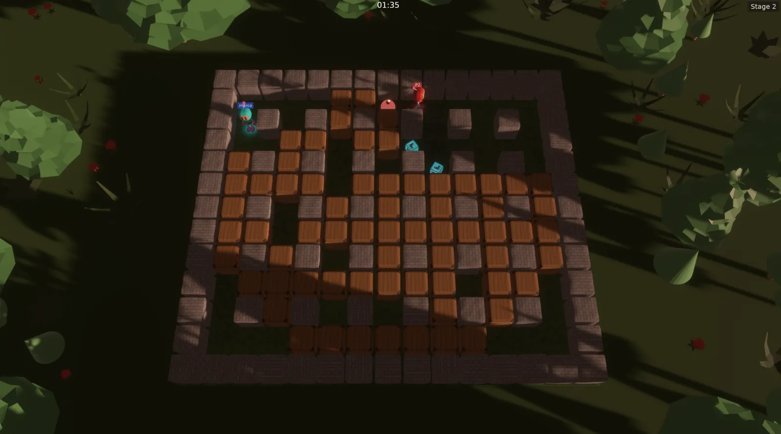 Bomberman arena in a forest at night, stage 2