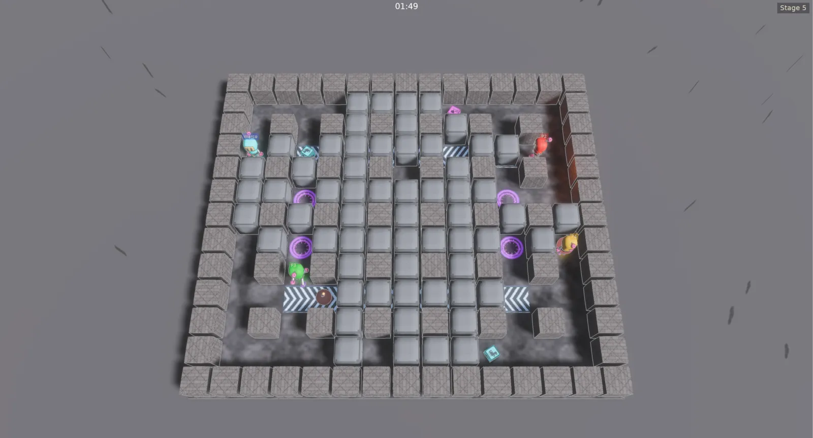 Bomberman stage 5 with warp tiles, conveyor belts and four players